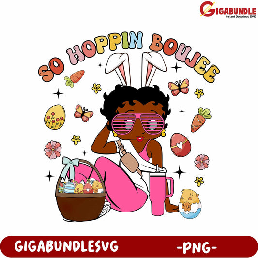 Stylish Bunny Girl Celebrating Spring with Colorful Designs PNG