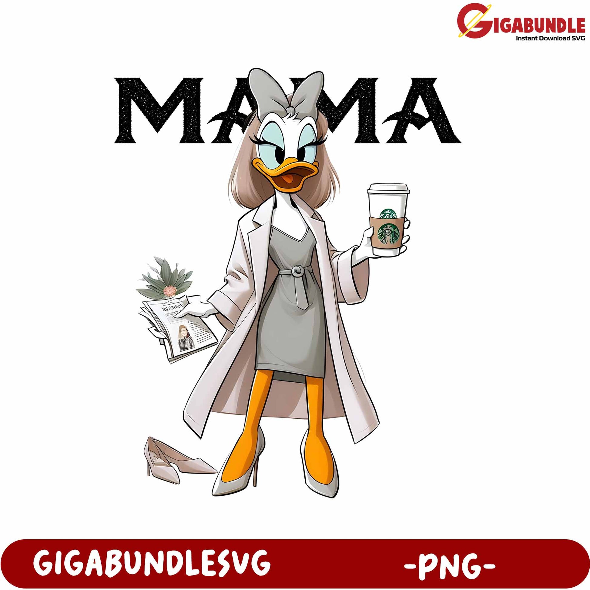 Stylish Mama Character Holding Coffee and Newspaper PNG Image