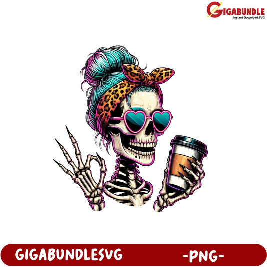 Stylish Skeleton Girl with Coffee PNG Art for Unique Designs
