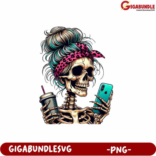 Stylish Skeleton Girl with Phone and Drink PNG Art for Decoration