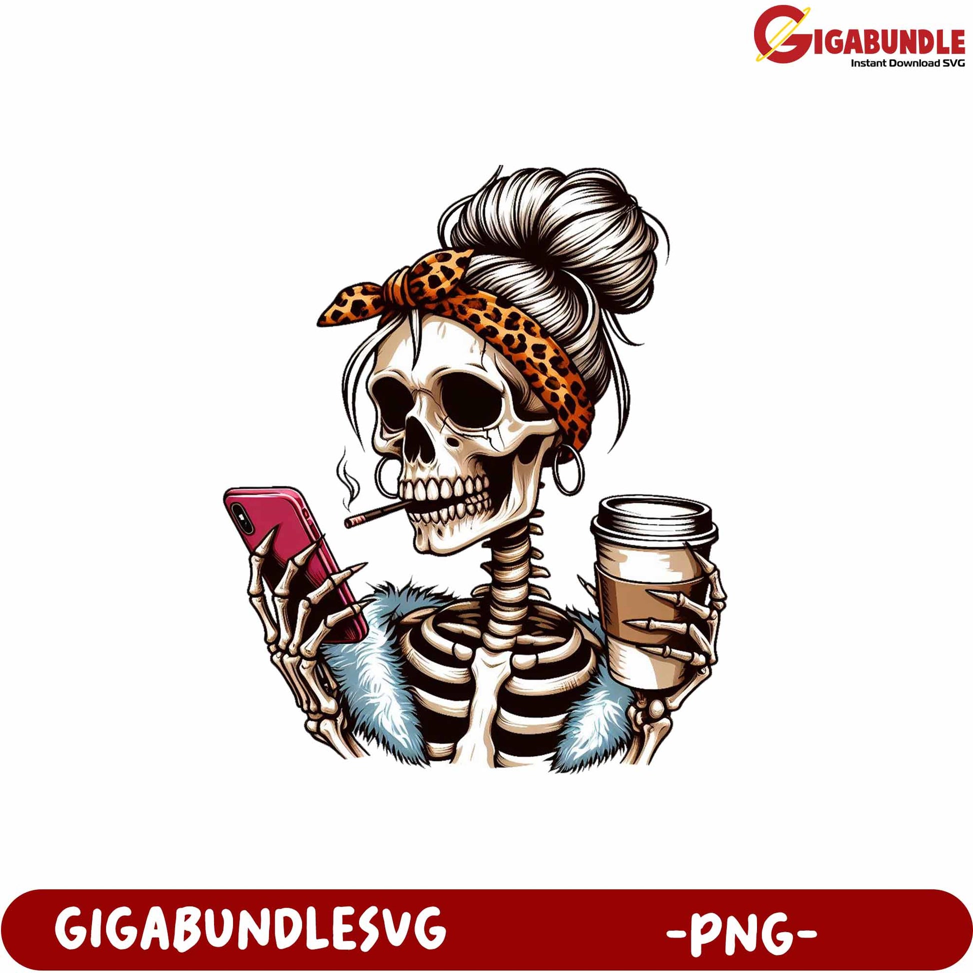 Stylish Skeleton Holding Coffee and Phone PNG Digital Download Art