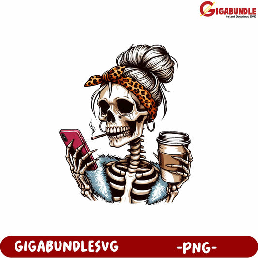 Stylish Skeleton Holding Coffee and Phone PNG Digital Download Art