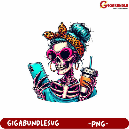 Stylish Skeleton Holding Phone and Drink Vintage Retro PNG Art