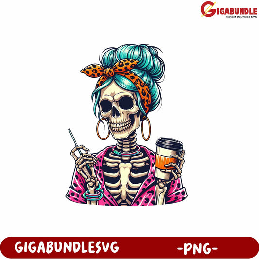 Stylish Skeleton Lady with Coffee Retro Art PNG Product Design