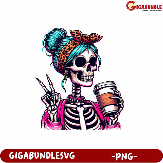 Stylish Skeleton Woman with Coffee PNG Art for Trendy Designs