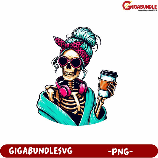 Stylish Skeleton Woman with Coffee and Headphones PNG Graphic Design