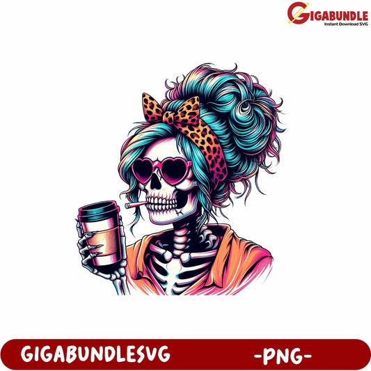 Stylish Skeleton with Coffee and Bow PNG Graphic for Creative Projects