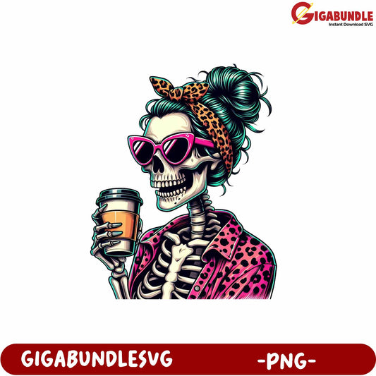 Stylish Skeleton with Coffee and Sunglasses PNG Graphic Design
