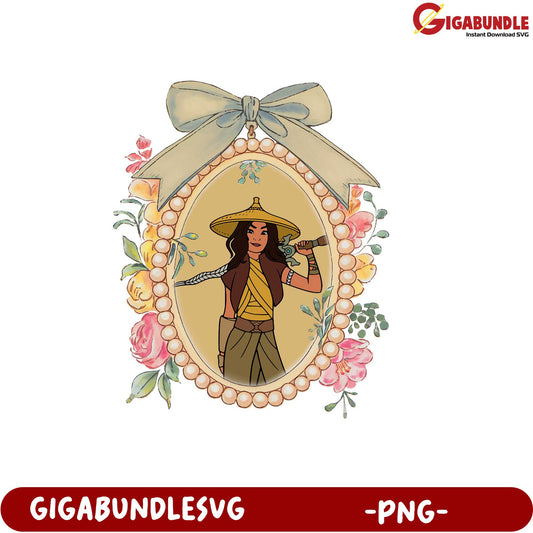 Stylish Woman with Sword and Floral Frame PNG Design for Crafts