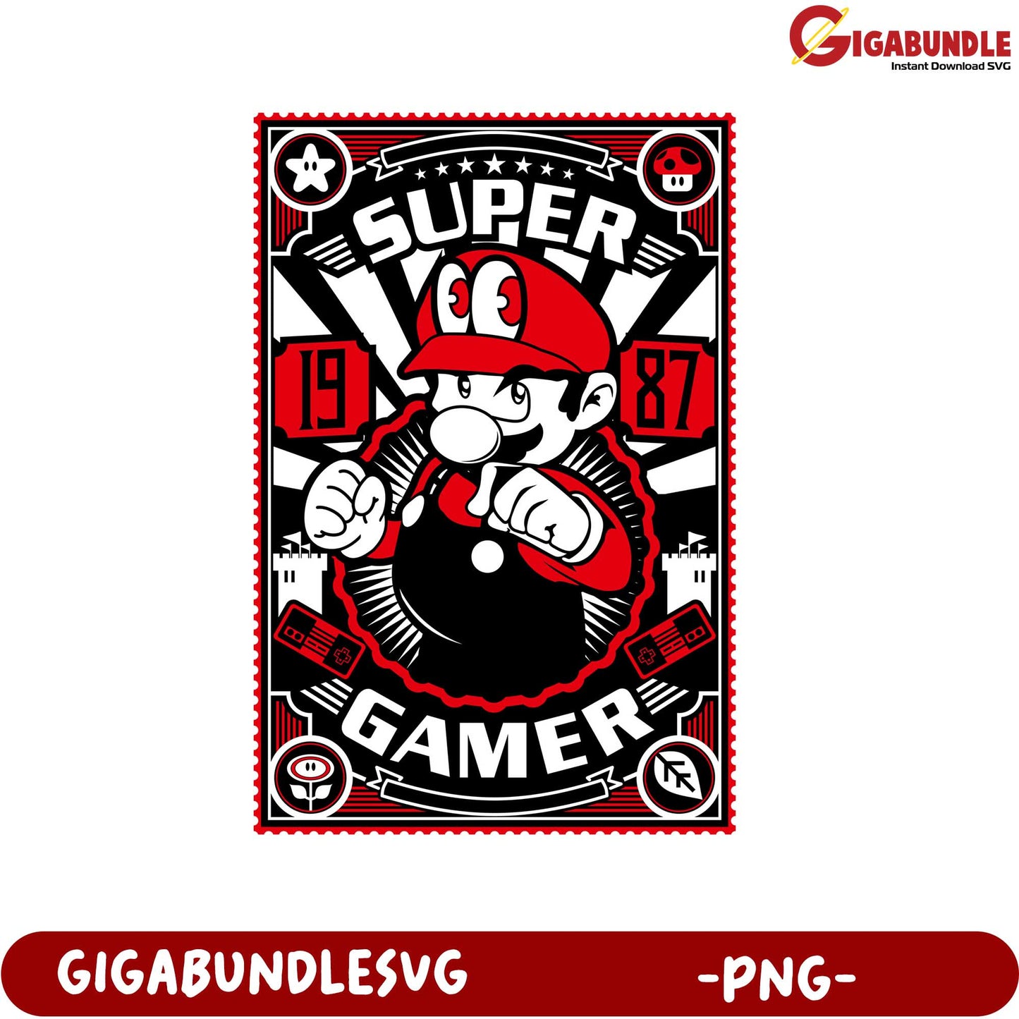 Super Gamer Retro Video Game PNG Artwork Downloadable File