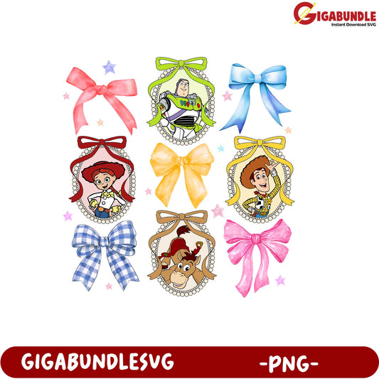 Toy Story Character Badges with Bows PNG Cute Design for Crafts