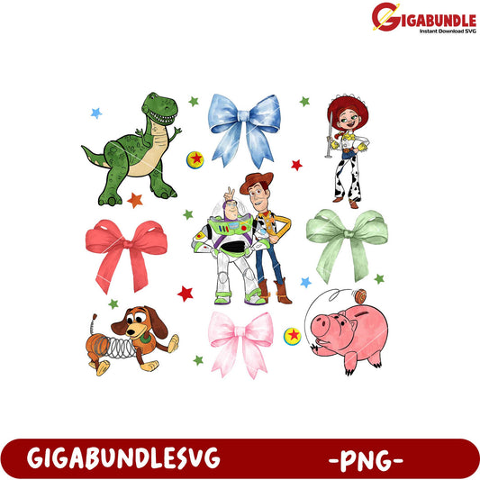 Toy Story Character Collage with Colorful Bows PNG