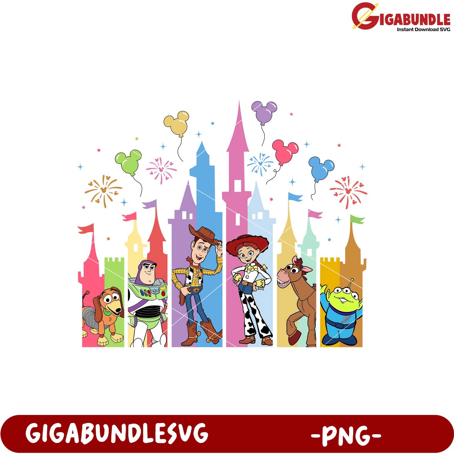 Toy Story Characters Celebration Castle PNG Design