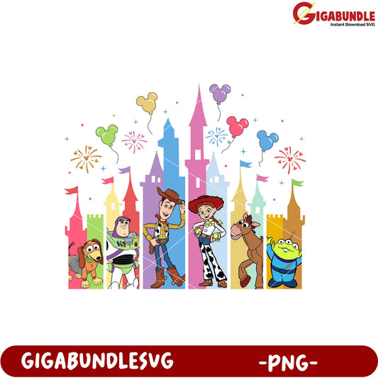 Toy Story Characters Celebration Castle PNG Design
