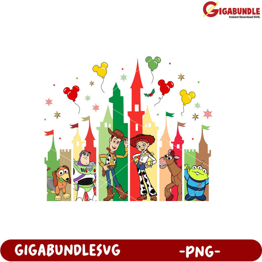 Toy Story Characters in Castle Background PNG Design