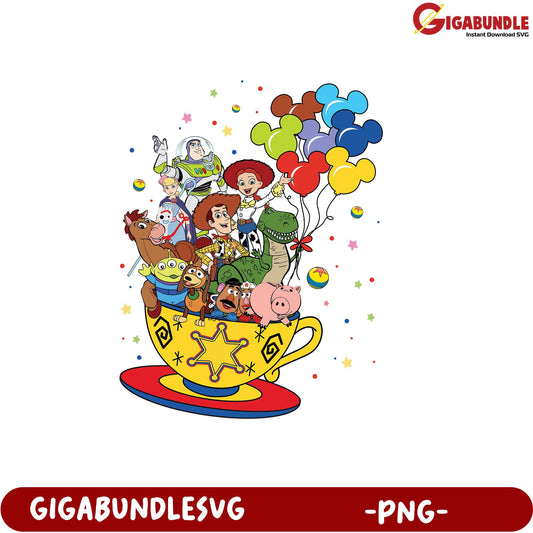 Toy Story Characters in Colorful Cup with Balloons PNG Design