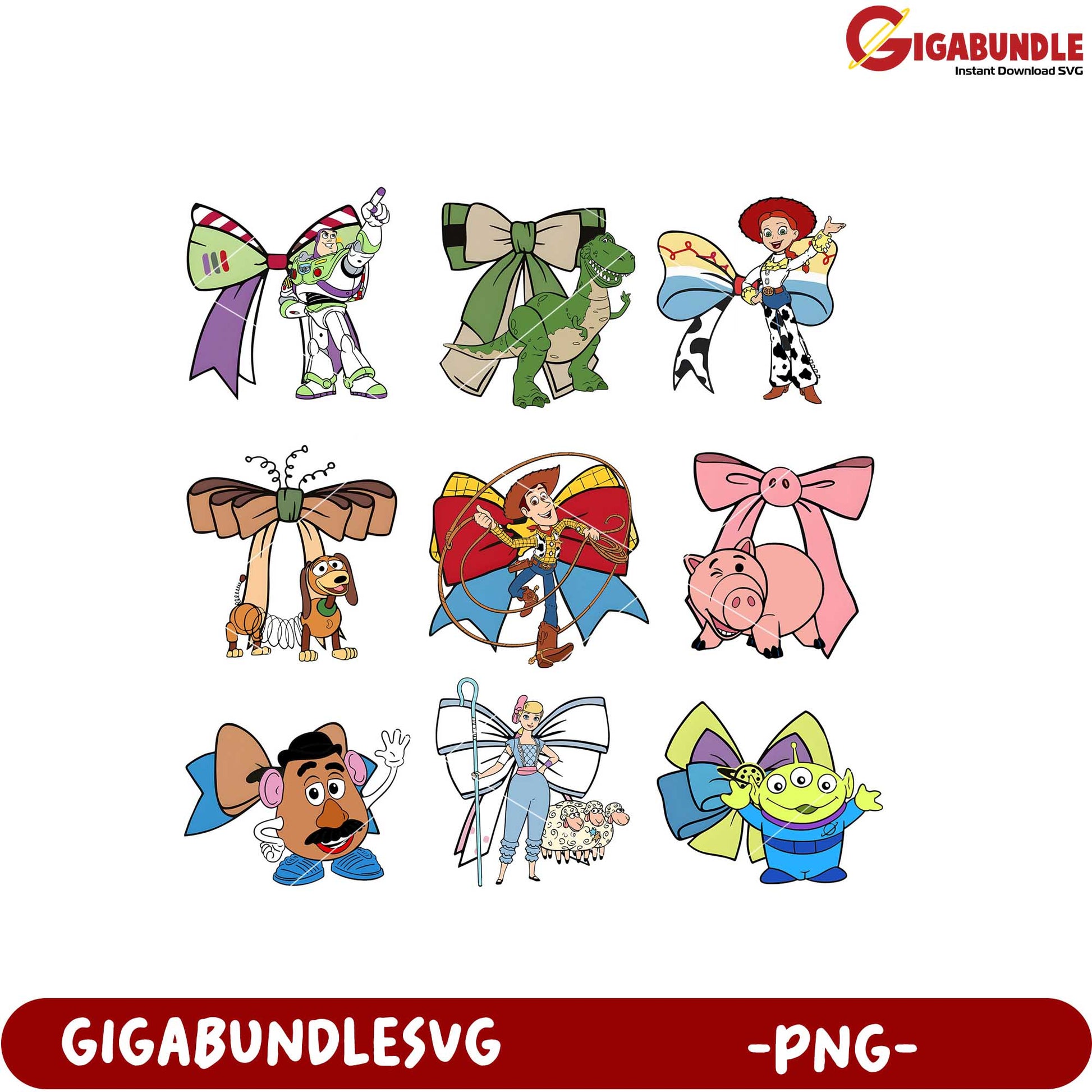Toy Story Characters with Colorful Bows PNG Bundle