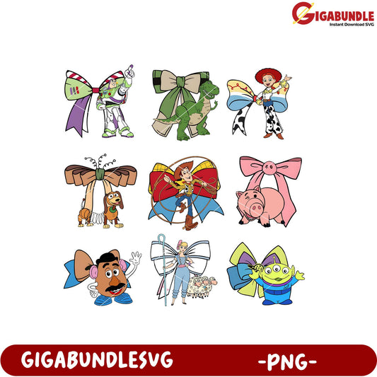 Toy Story Characters with Colorful Bows PNG Bundle