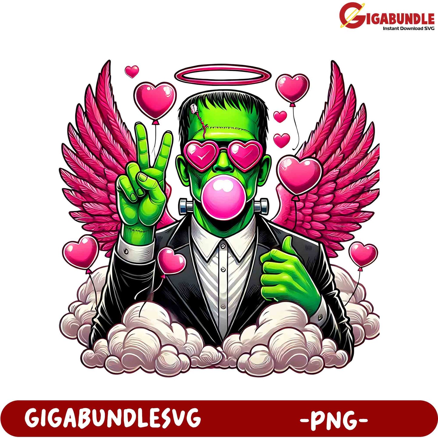 Unique Cool Frankenstein PNG Design with Hearts and Wings for Downloads