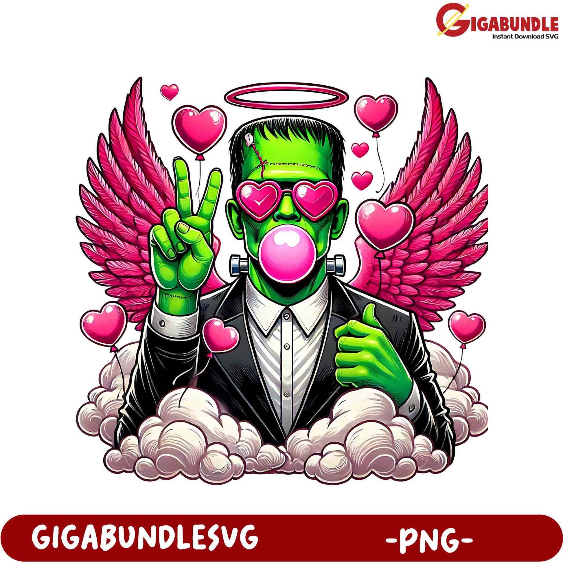 Unique Cool Frankenstein PNG Design with Hearts and Wings for Downloads