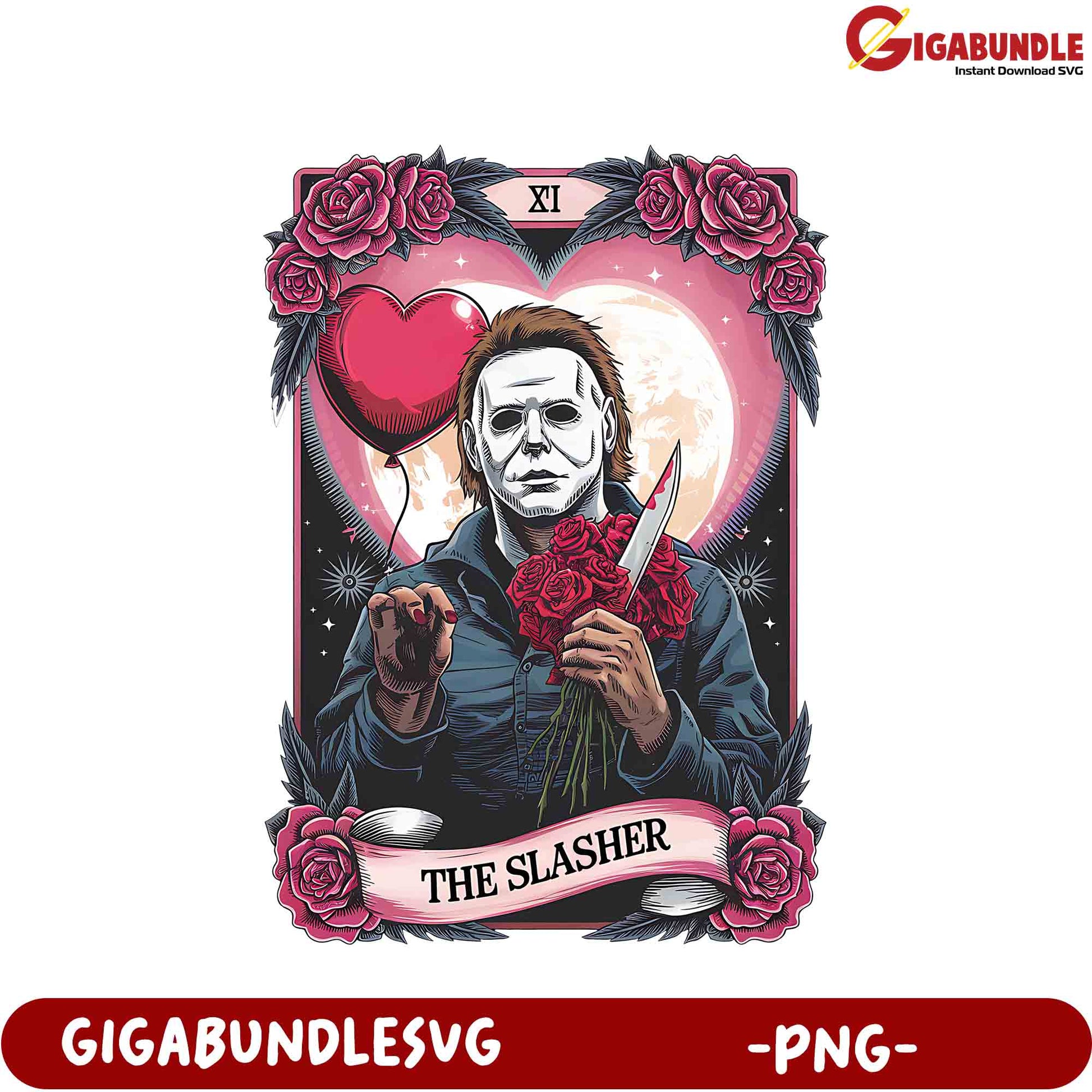 Unique Slasher PNG Art with Roses and Heart Balloon - Instant Download