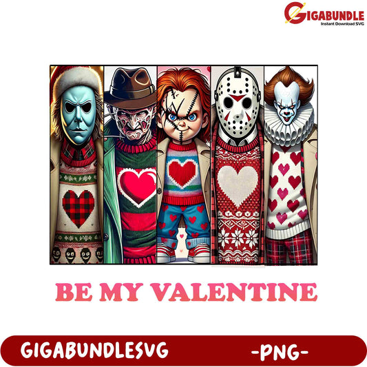 Unique Valentine’s Day PNG Design with Horror Characters in Sweaters