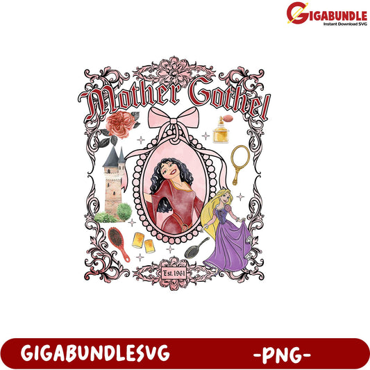 Vintage Mother Gothel PNG Design with Castle and Princess Elements