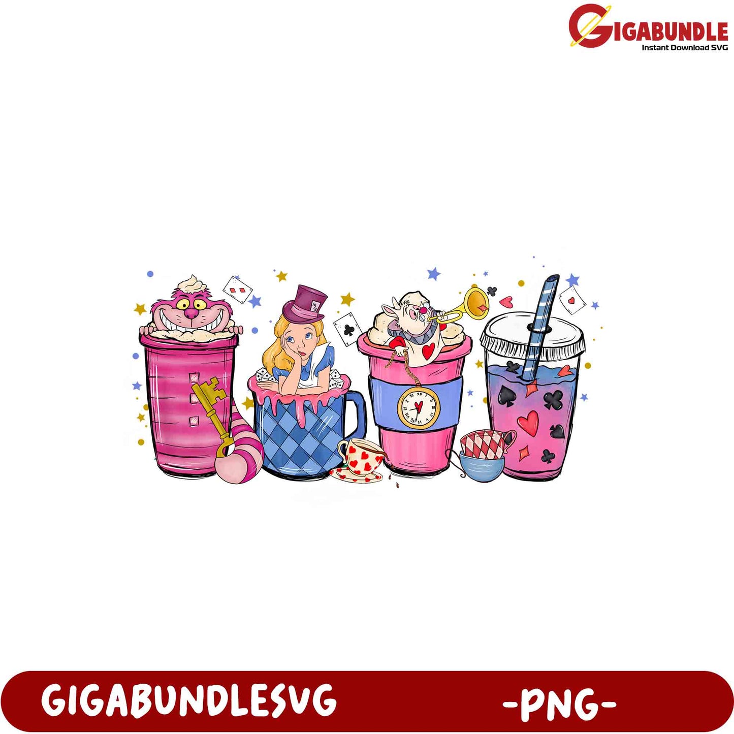 Whimsical Alice-Inspired Drink Cups PNG Design