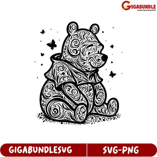 Whimsical Bear SVG Artwork with Swirls and Butterflies Design