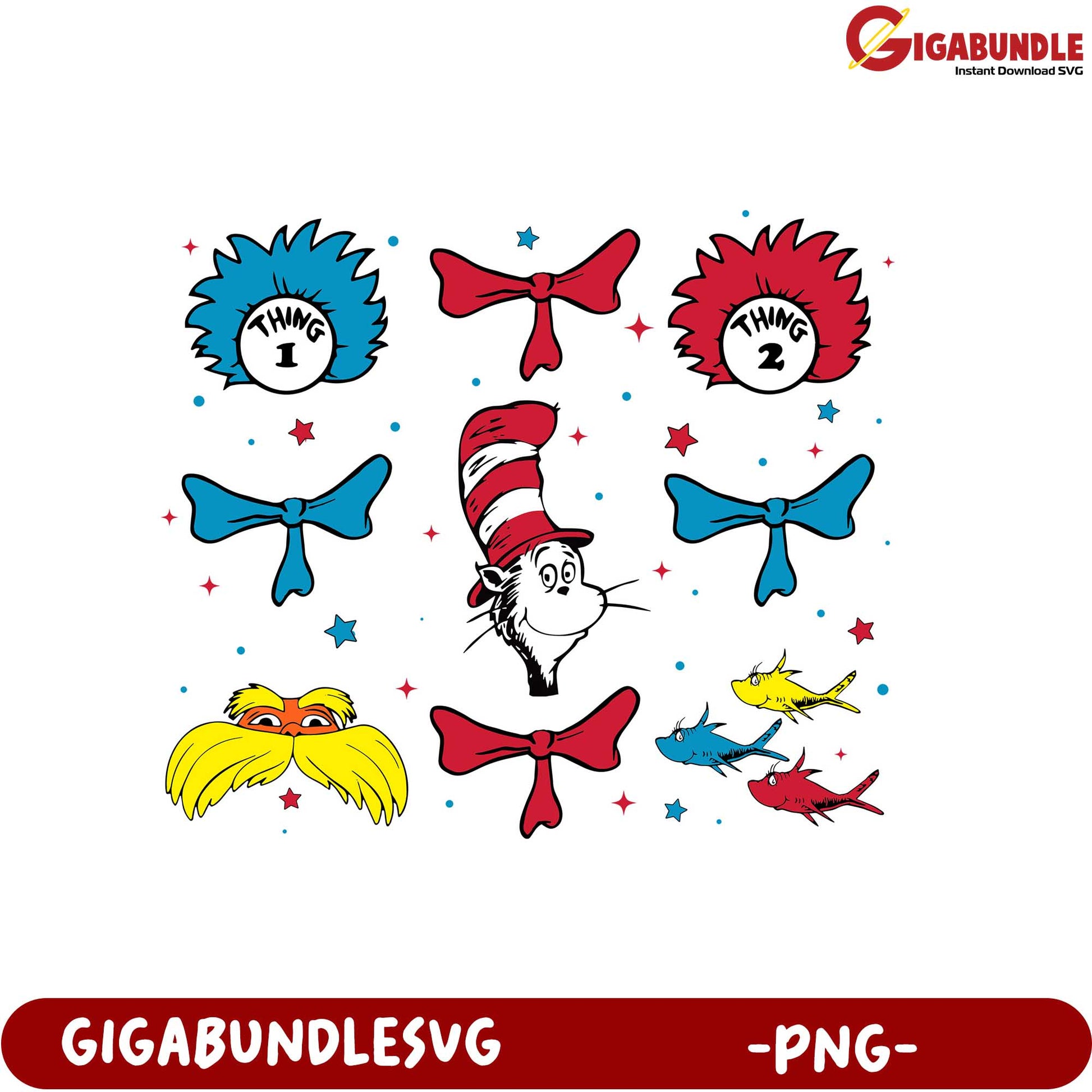 Whimsical Cat in the Hat PNG Bundle with Thing 1 & Thing 2