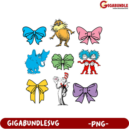 Whimsical Dr. Seuss Character and Bow PNG Bundle Collection