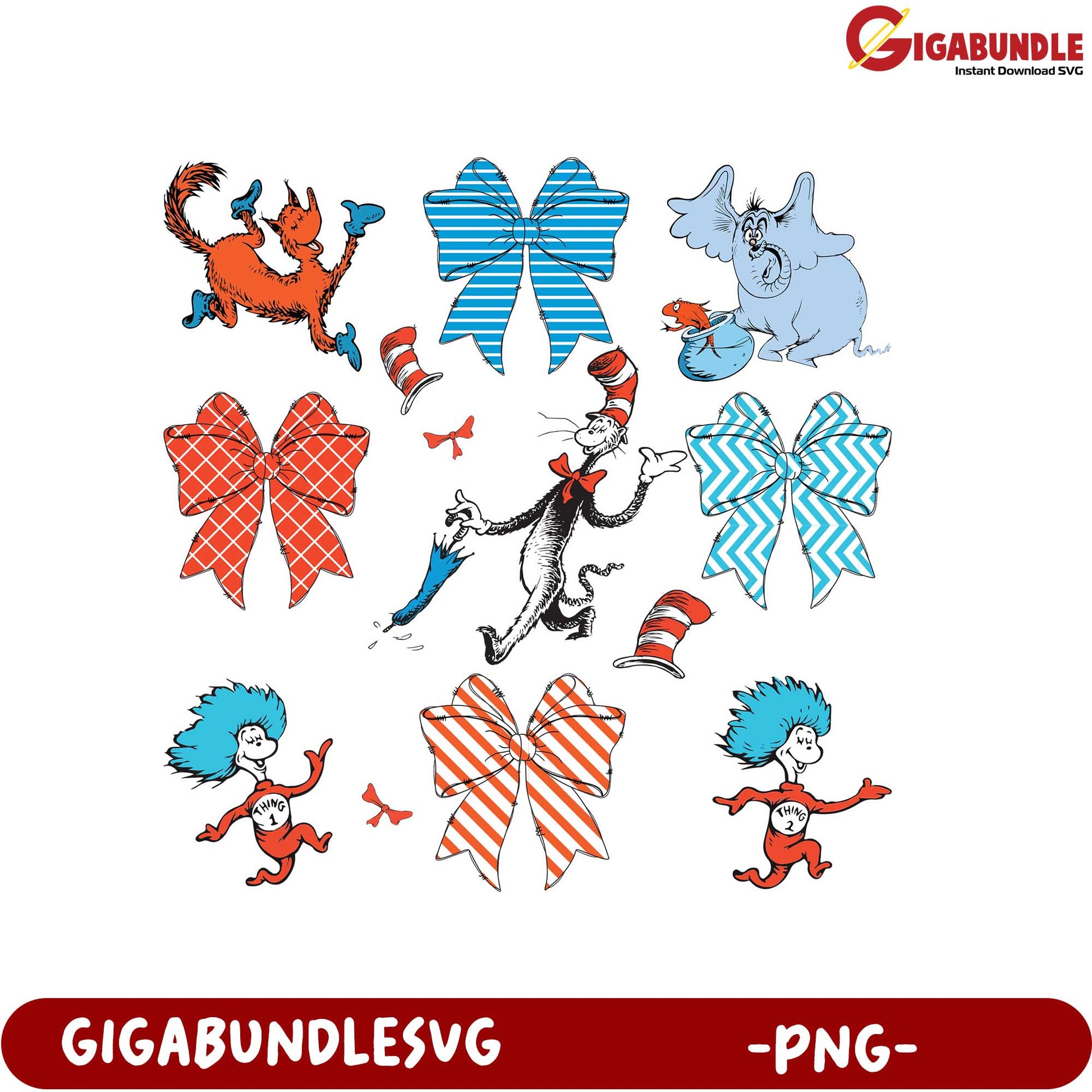 Whimsical Dr. Seuss Characters and Bows PNG for Crafts