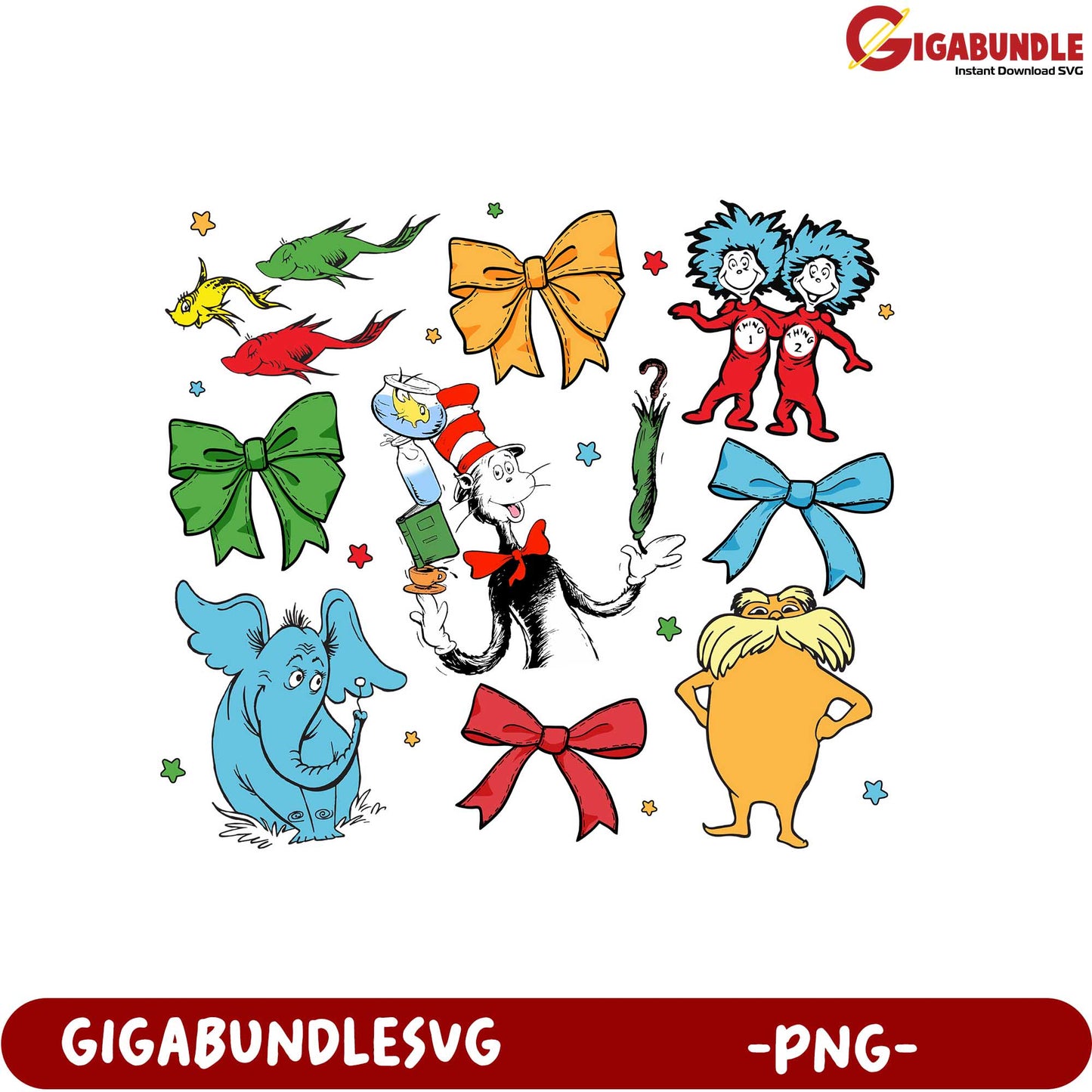 Whimsical Dr. Seuss PNG Art with Iconic Characters and Bows