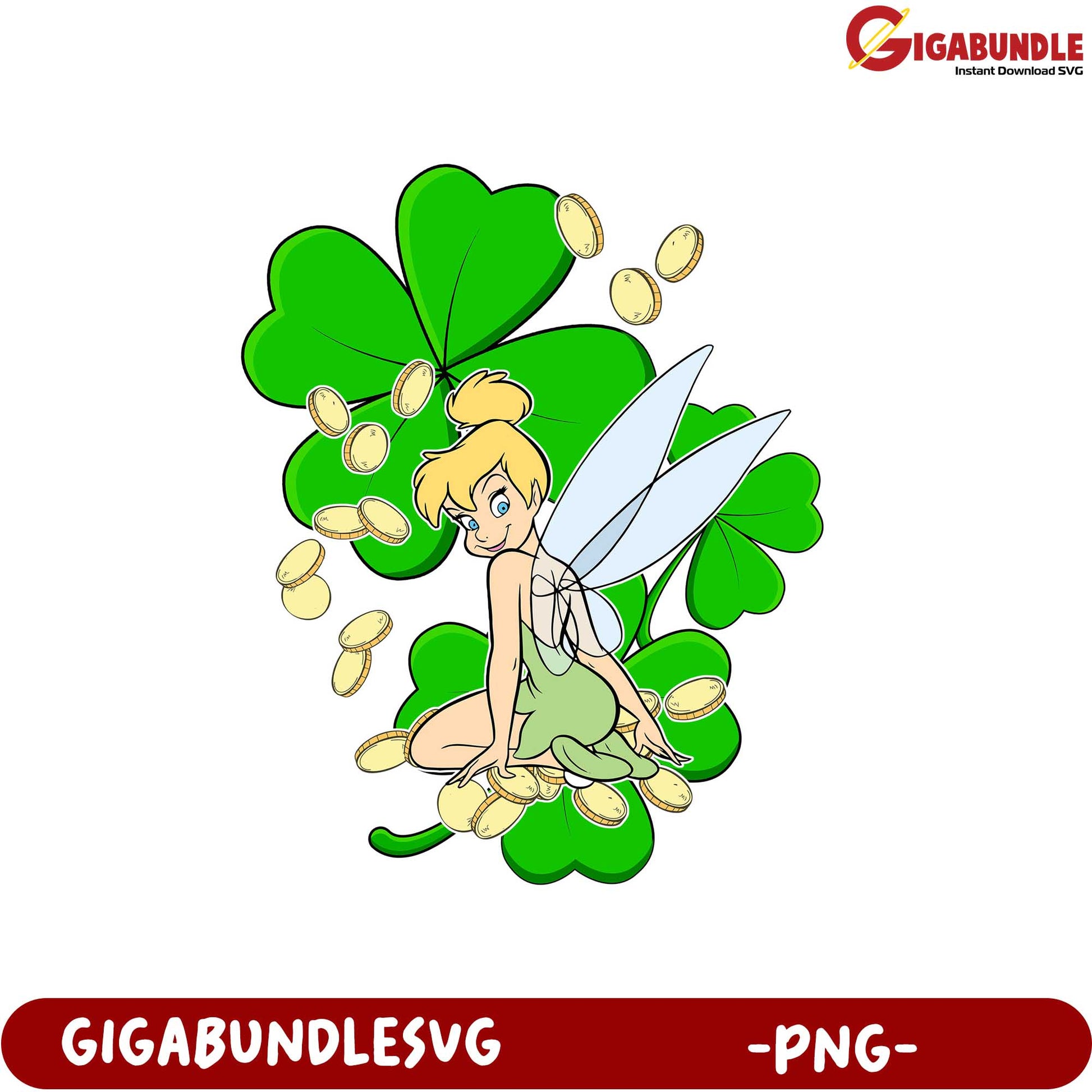 Whimsical Fairy Sitting on Clover with Gold Coins – PNG Art