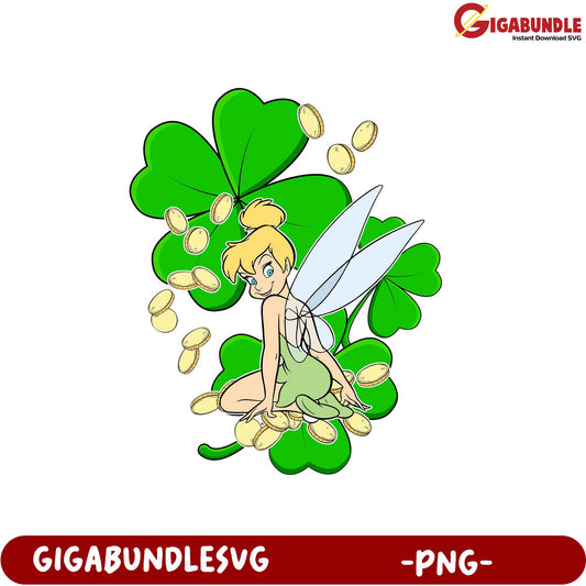 Whimsical Fairy Sitting on Clover with Gold Coins – PNG Art