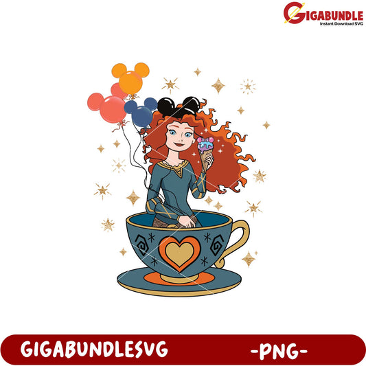 Whimsical Girl in Teacup with Balloons PNG Artwork
