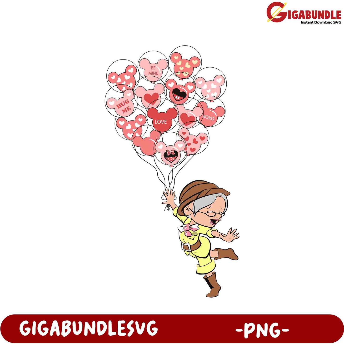 Whimsical Grandma with Heart Balloons - Cute PNG for Valentine's Day Fun