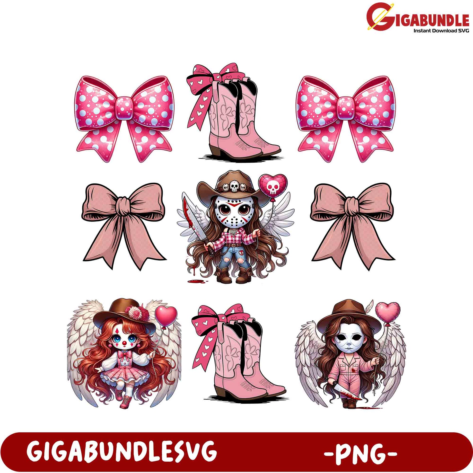 Whimsical PNG Clipart Set Cute Bows, Cowboy Boots, and Angel Girls