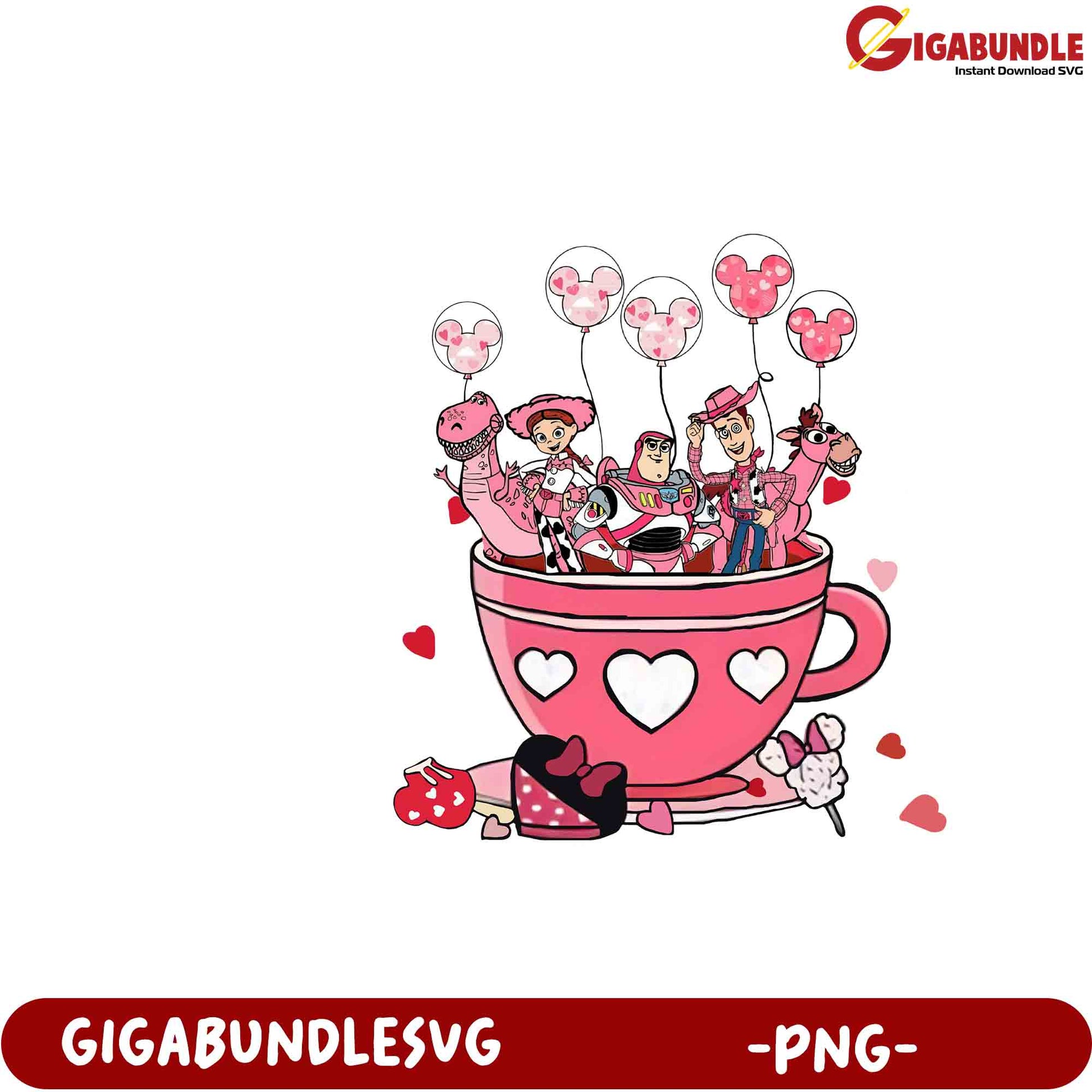 Whimsical Pink Teacup Adventure with Balloons and Characters - PNG