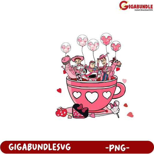 Whimsical Pink Teacup Adventure with Balloons and Characters - PNG