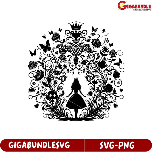Whimsical Princess in Floral Design SVG Artwork for Creative Projects