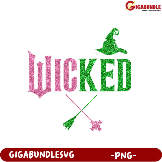 Wicked Glitter Graphic Witch Hat and Broom Design PNG