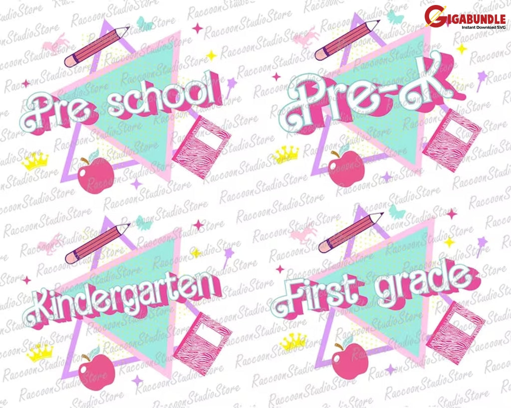 Back To School Bundle Png Pre K Kindergarten First Day Of Png Retro First/Second/ Third Grade Design