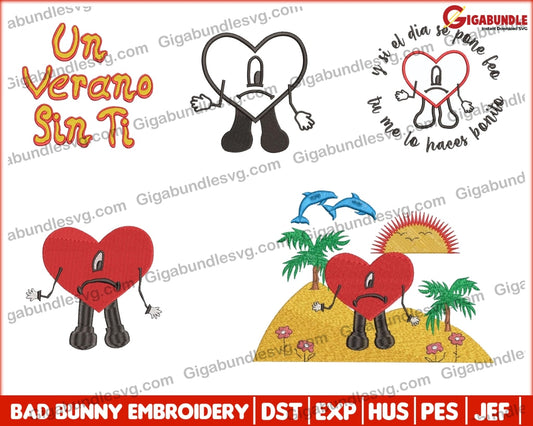 Bad Bunny Embroidery, Bad Bunny Un Verano Sin Ti Embroidery, Bad Bunny  Heart Funny Embroidery, Embroidery