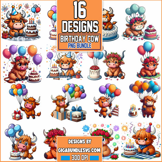 Birthday Highland Cow Bundle Png, Balloon png