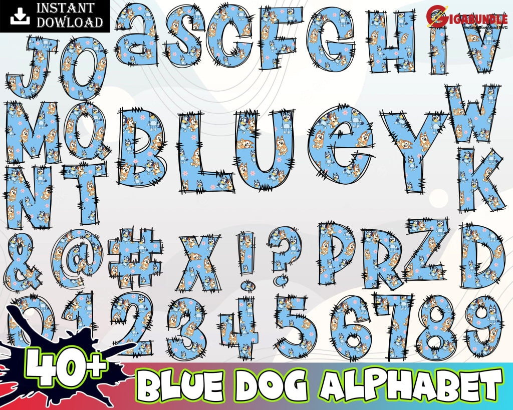 Blue Dog Family Alphabet Png Font Bundle Letter Hand Drawing Mama Cartoon Instant Download