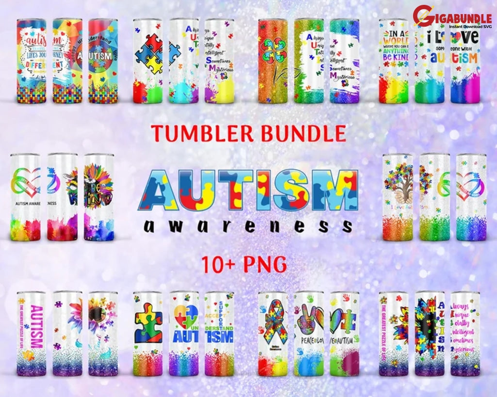 Bundle 10 Autism 20Oz Skinny Straight&tapered Designs Sublimation Tumbler Designs Tumbler Png