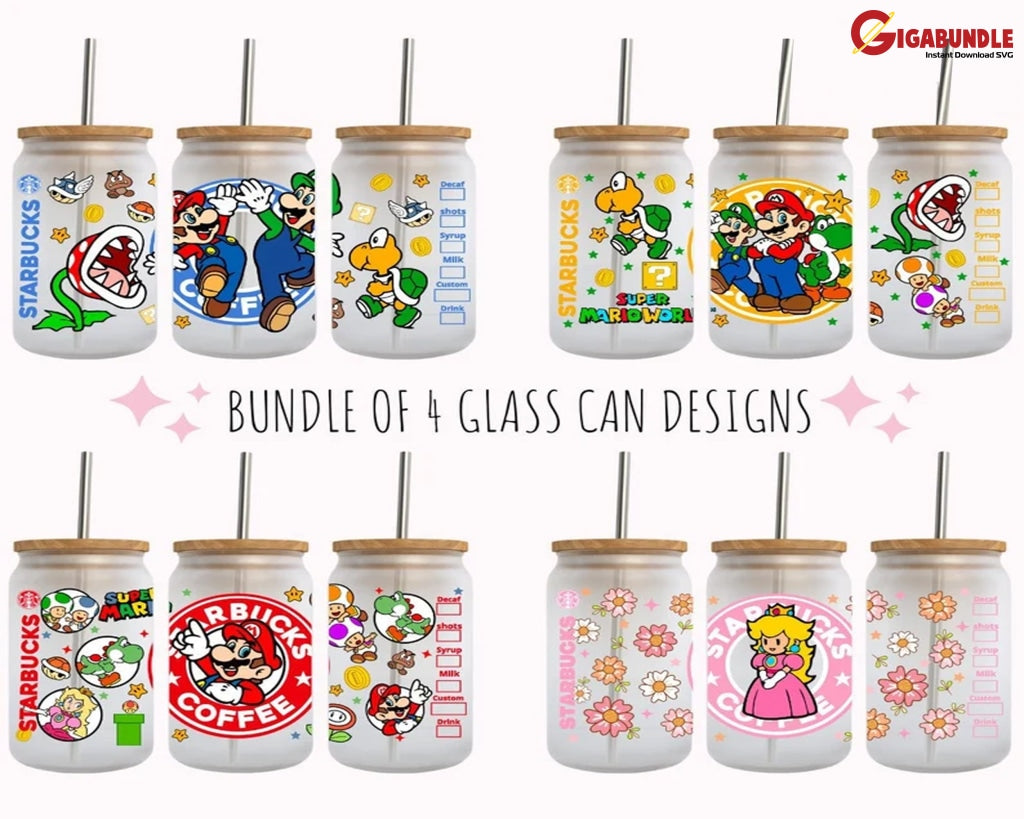 Bundle Of 4 Cartoon Tumbler Wrap - Glass Can 16Oz Sublimation Design Digital Download Png