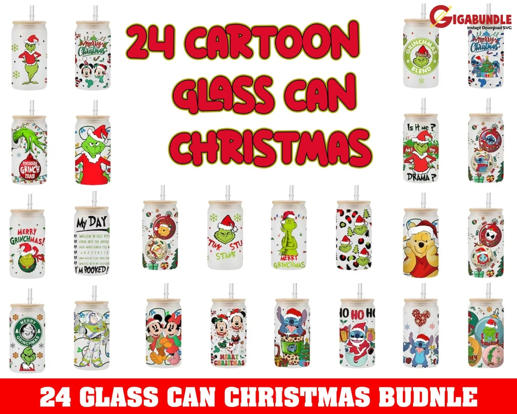 Cartoons Christmas 16Oz Libbey Can Glass Wrap Stitch Grinch Png Full Tumbler Sublimations Png
