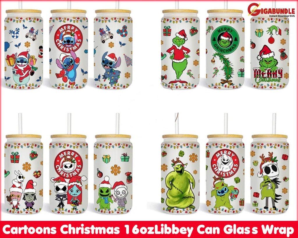 Cartoons Christmas 16Oz Libbey Can Glass Wrap Stitch Grinch Png Full Tumbler Sublimations Png